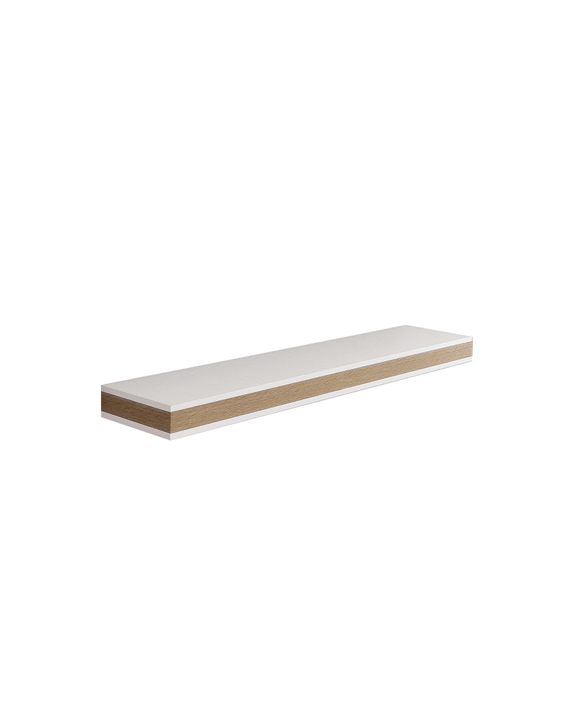 Stratos - White retail display shelf - Edge in oak wood pattern